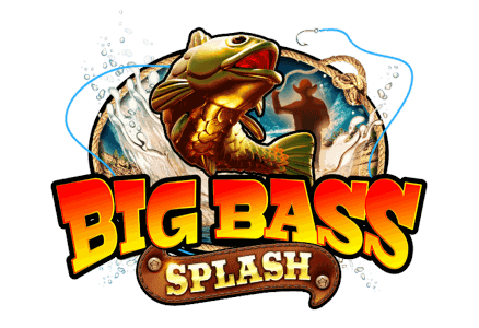 Big Bass Splash fisherman mascot with rod stood over turquoise water beneath the game logo and a canyon skyline